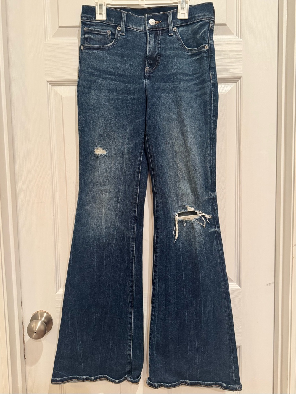 Express Dark Blue Distressed Flare Jeans - Women's